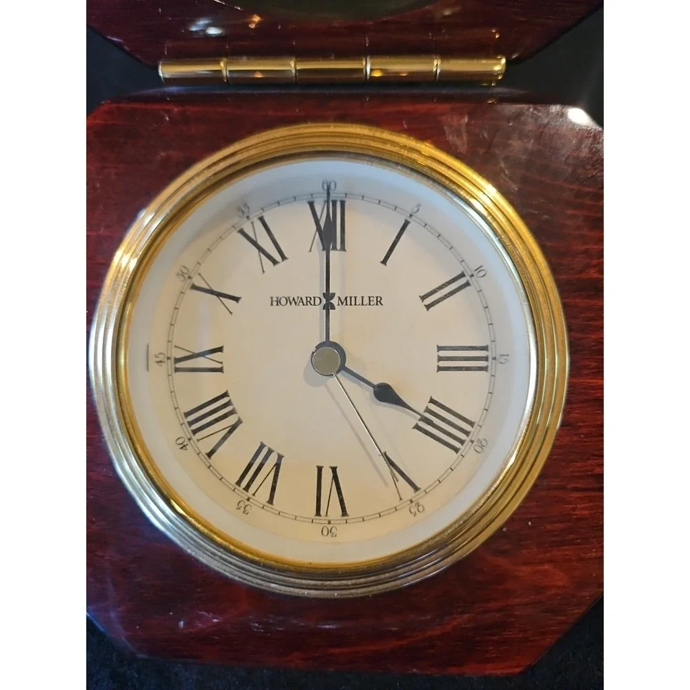 Howard Miller Polish Rosewood Desk Clock Hinge Top Box Gold Metal Glass 645-392
